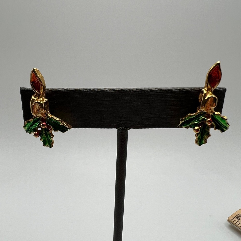 Vintage Corel Candle Holiday Earrings‎ Clip On Christmas Enamel Gold Tone